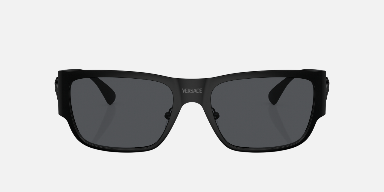 Versace VE2262 126187 square sunglasses for men in full rim metal, with matte black frame, and dark grey lenses. 56mm in lens size, 18mm in bridge size, and 140mm in temple length.