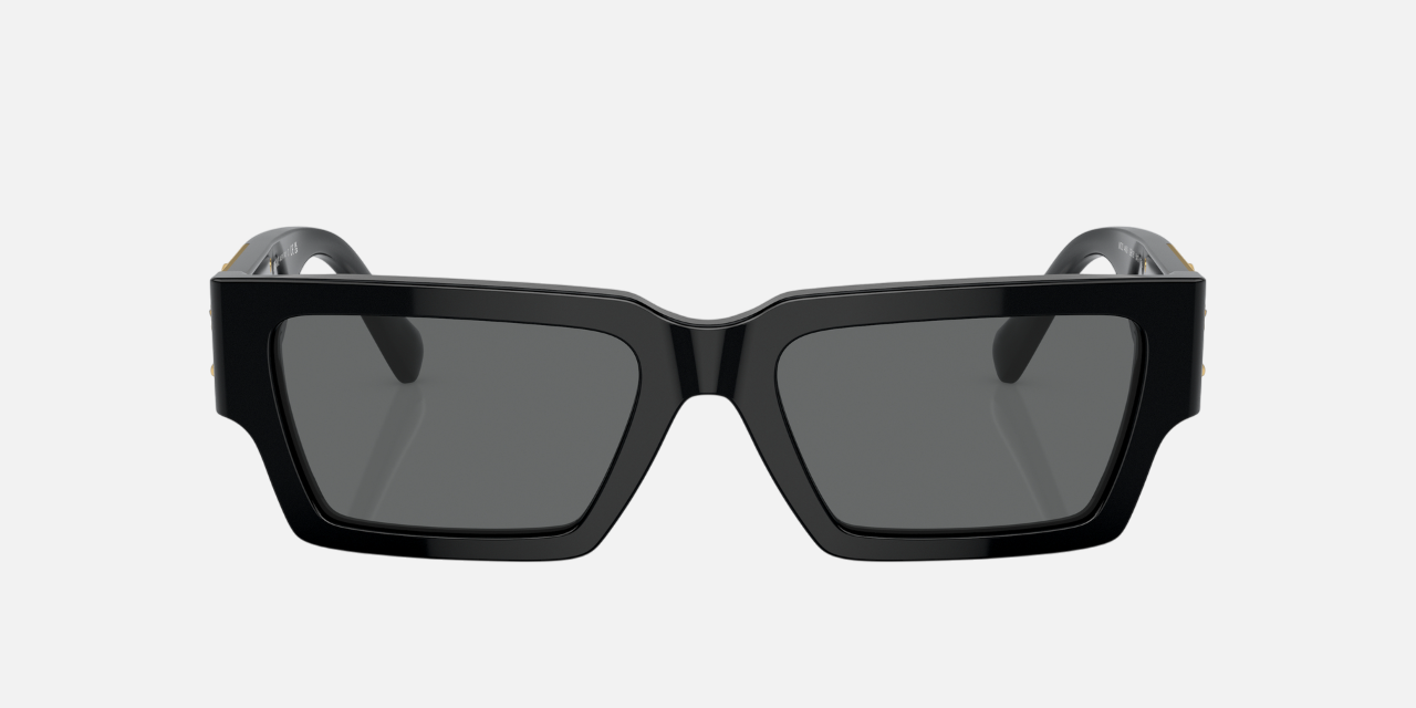 Versace VE4459 GB187 rectangular sunglasses for unisex in full rim plastic, with black frame, and dark grey lenses. 54mm in lens size, 18mm in bridge size, and 140mm in temple length.