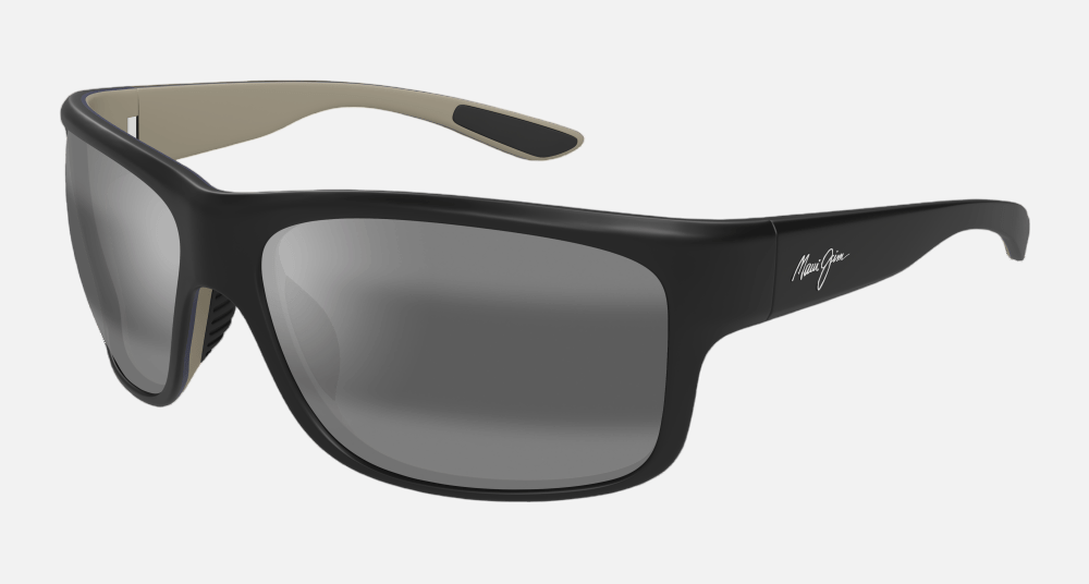 Maui Jim Southern Cross 53B rectangular sunglasses for unisex in full rim plastic, with soft black with sea blue and grey frame, and neutral grey lenses. 63mm in lens size, 17mm in bridge size, and 120mm in temple length.