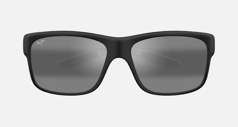Maui Jim Southern Cross 53B rectangular sunglasses for unisex in full rim plastic, with soft black with sea blue and grey frame, and neutral grey lenses. 63mm in lens size, 17mm in bridge size, and 120mm in temple length.