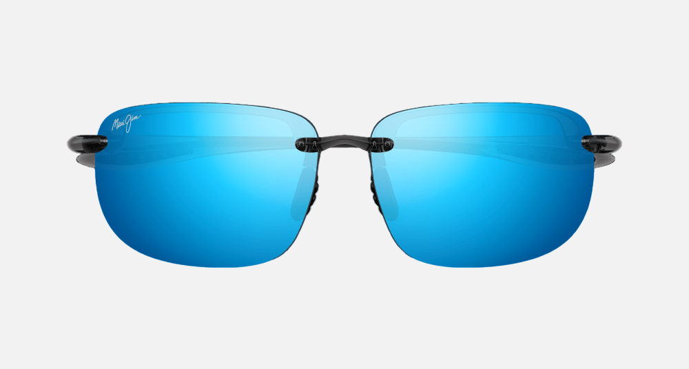 Maui Jim Ho'okipa XLarge 14A rectangular sunglasses for unisex in rimless plastic, with translucent grey frame, and blue hawaii lenses. 67mm in lens size, 15mm in bridge size, and 138mm in temple length.