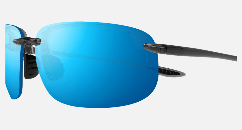 Maui Jim Ho'okipa XLarge 14A rectangular sunglasses for unisex in rimless plastic, with translucent grey frame, and blue hawaii lenses. 67mm in lens size, 15mm in bridge size, and 138mm in temple length.