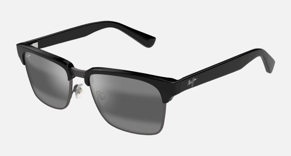 Maui Jim Kawika 17C square sunglasses for unisex in full rim plastic, with gloss black with antique pewter frame, and neutral grey lenses. 54mm in lens size, 18mm in bridge size, and 140mm in temple length.