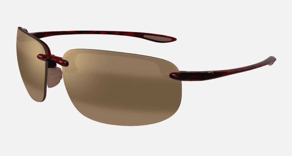Maui Jim Ho'okipa XLarge 10 rectangular sunglasses for unisex in rimless plastic, with tortoise frame, and hcl bronze lenses. 67mm in lens size, 15mm in bridge size, and 138mm in temple length.