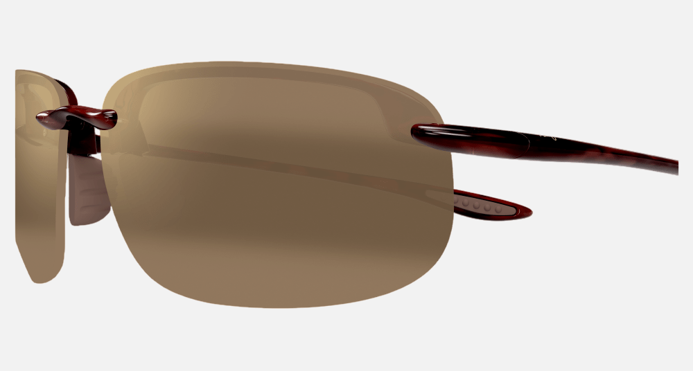 Maui Jim Ho'okipa XLarge 10 rectangular sunglasses for unisex in rimless plastic, with tortoise frame, and hcl bronze lenses. 67mm in lens size, 15mm in bridge size, and 138mm in temple length.