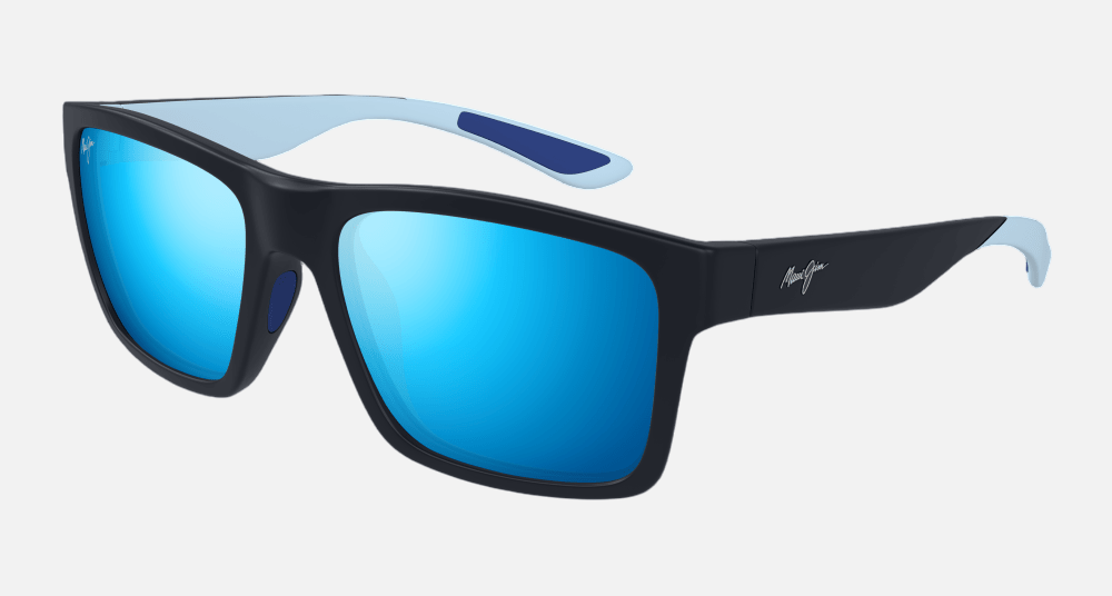 Maui Jim The Flats 03 square sunglasses for unisex in full rim plastic, with navy with light blue frame, and blue hawaii lenses. 57mm in lens size, 19mm in bridge size, and 136mm in temple length.