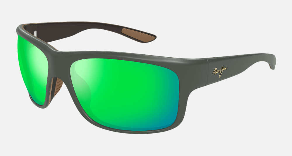 Maui Jim Southern Cross 54CM rectangular sunglasses for unisex in full rim plastic, with soft matte khaki with brown and black frame, and maui green lenses. 63mm in lens size, 17mm in bridge size, and 120mm in temple length.