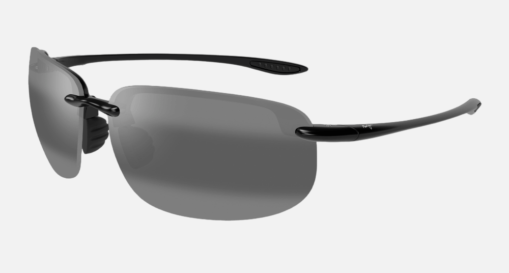 Maui Jim Ho'okipa XLarge 02 rectangular sunglasses for unisex in rimless plastic, with gloss black frame, and neutral grey lenses. 67mm in lens size, 15mm in bridge size, and 138mm in temple length.