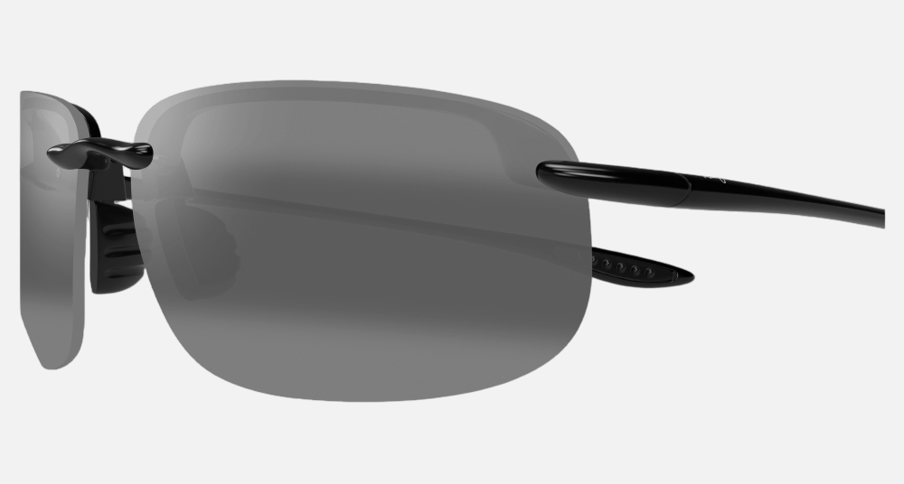 Maui Jim Ho'okipa XLarge 02 rectangular sunglasses for unisex in rimless plastic, with gloss black frame, and neutral grey lenses. 67mm in lens size, 15mm in bridge size, and 138mm in temple length.