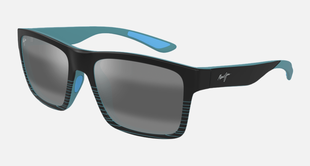 Maui Jim The Flats 02 square sunglasses for unisex in full rim plastic, with black with teal stripes frame, and neutral grey lenses. 57mm in lens size, 19mm in bridge size, and 136mm in temple length.