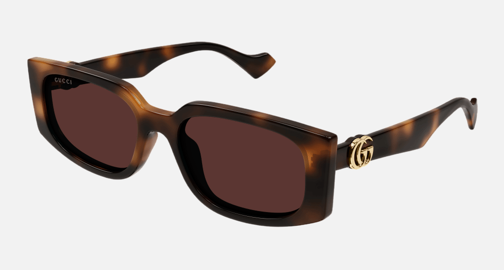 Gucci GG1534S 002 rectangular sunglasses for women in full rim plastic, with havana frame, and brown lenses. 55mm in lens size, 18mm in bridge size, and 140mm in temple length.