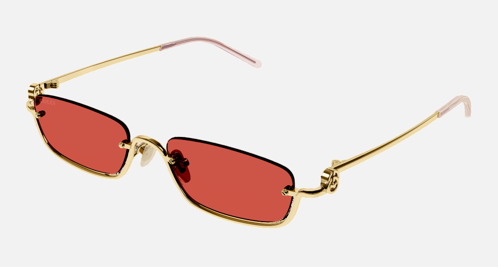 Gucci GG1278S 003 rectangular sunglasses for unisex in semi-rimless metal, with gold frame, and red lenses. 55mm in lens size, 19mm in bridge size, and 140mm in temple length.