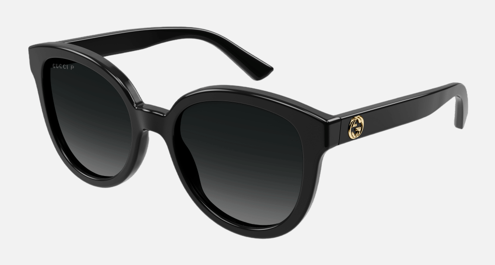 Gucci GG1315S 002 cat-eye sunglasses for women in full rim plastic, with black frame, and grey gradient lenses. 54mm in lens size, 20mm in bridge size, and 145mm in temple length.