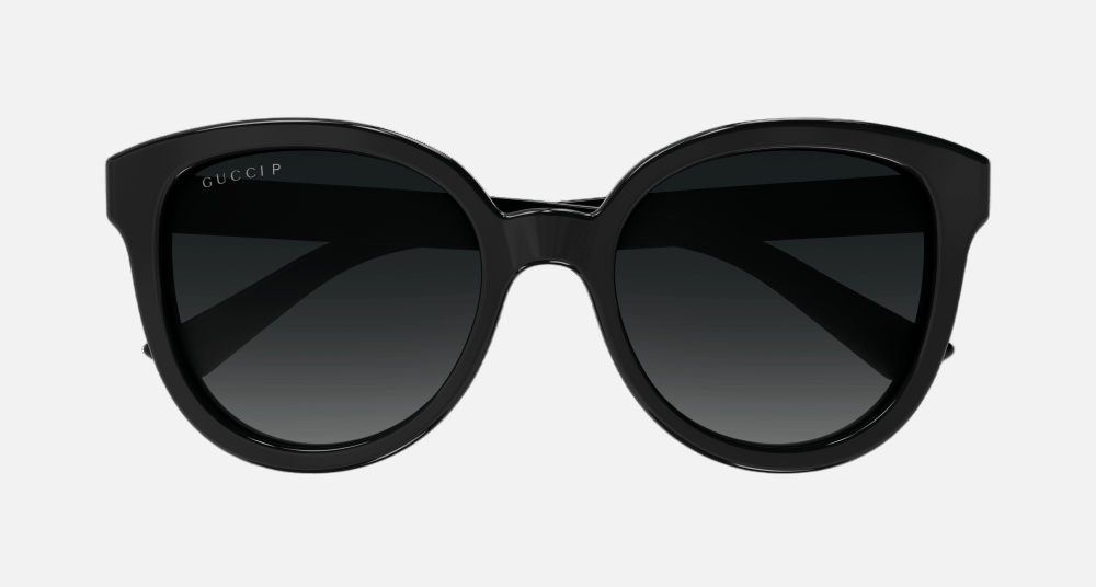 Gucci GG1315S 002 cat-eye sunglasses for women in full rim plastic, with black frame, and grey gradient lenses. 54mm in lens size, 20mm in bridge size, and 145mm in temple length.