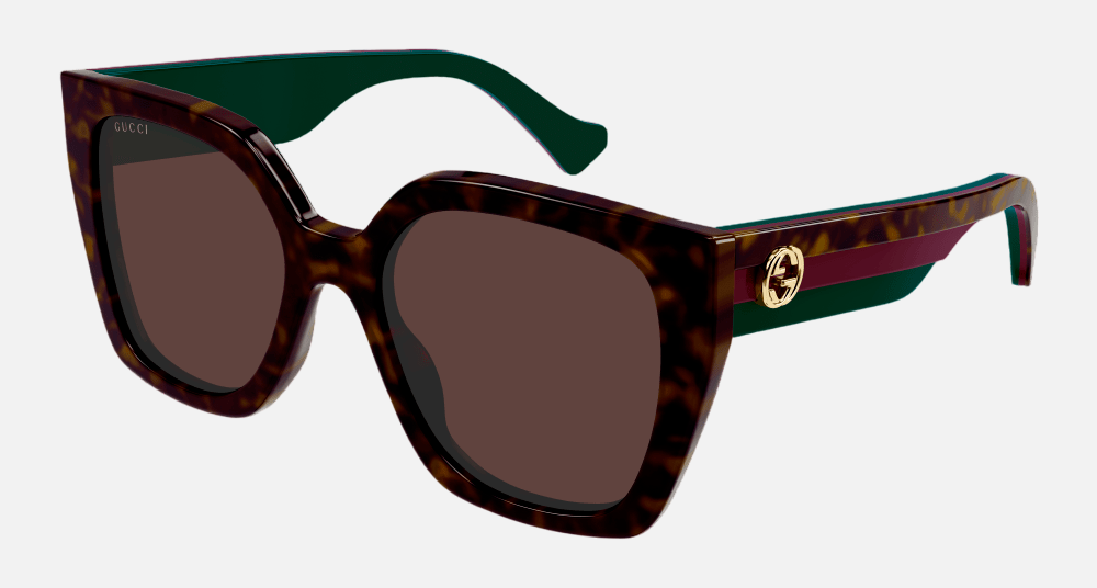 Gucci GG1300S 002 square sunglasses for women in full rim plastic, with havana frame, and brown lenses. 55mm in lens size, 19mm in bridge size, and 145mm in temple length.