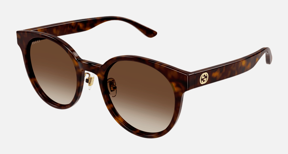 Gucci GG1339SK 003 round sunglasses for women in full rim plastic, with havana frame, and brown lenses. 54mm in lens size, 22mm in bridge size, and 145mm in temple length.