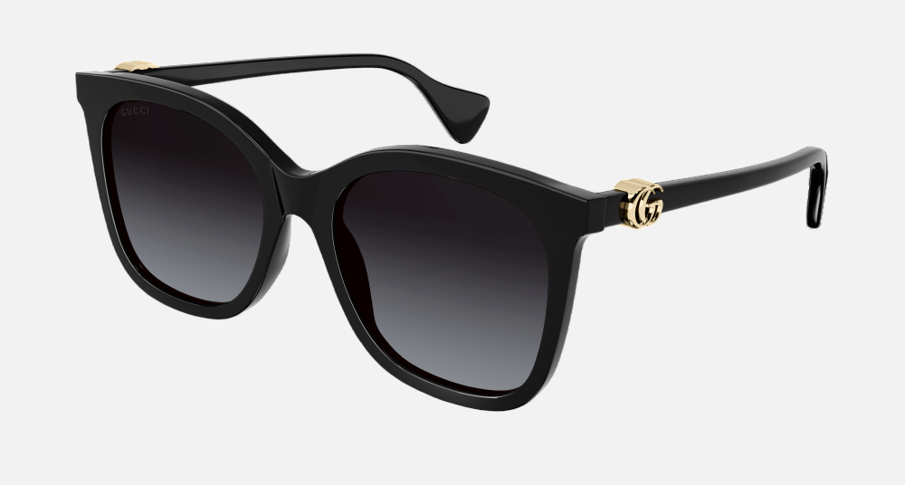 Gucci GG1071S 001 cat-eye sunglasses for women in full rim plastic, with black frame, and grey lenses. 55mm in lens size, 19mm in bridge size, and 145mm in temple length.