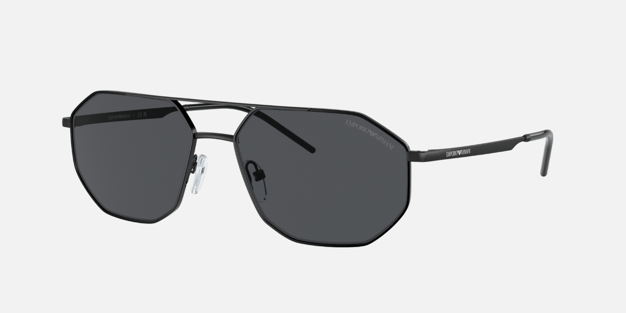 Emporio Armani EA 2147 300187 irregular sunglasses for men in full rim metal, with matte black frame, and dark grey lenses. 58mm in lens size, 16mm in bridge size, and 145mm in temple length.