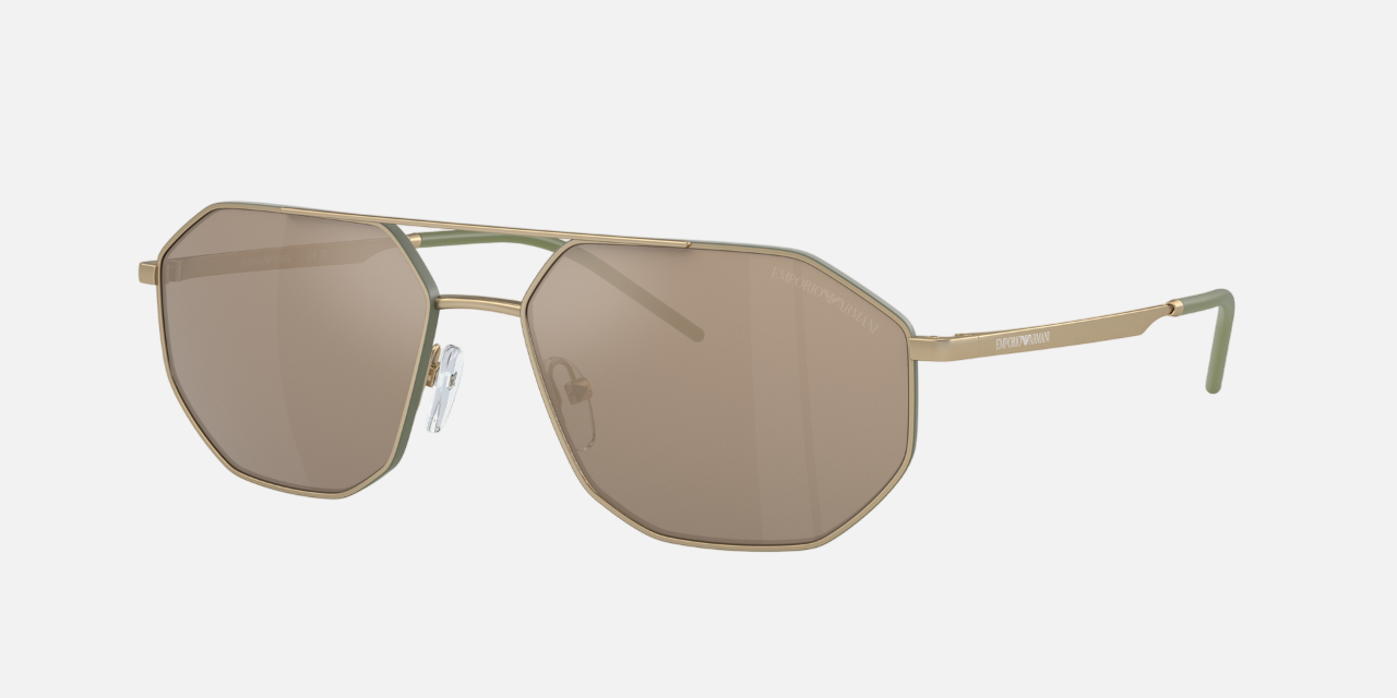 Emporio Armani EA 2147 30025A irregular sunglasses for men in full rim metal, with matte gold frame, and light brown mirror dark gold lenses. 58mm in lens size, 16mm in bridge size, and 145mm in temple length.