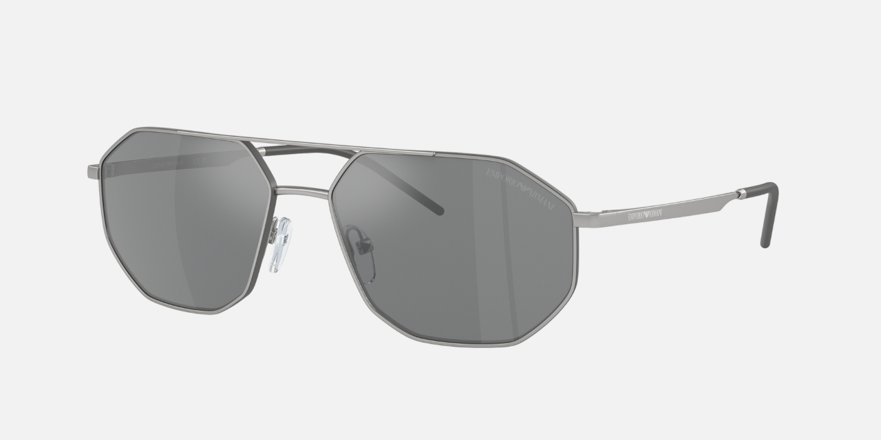 Emporio Armani EA 2147 30456G irregular sunglasses for men in full rim metal, with matte silver frame, and grey mirror silver lenses. 58mm in lens size, 16mm in bridge size, and 145mm in temple length.