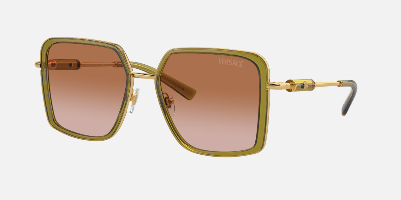 Versace VE2261 150913 square sunglasses for women in full rim metal, with green transparent frame, and brown gradient lenses. 56mm in lens size, 18mm in bridge size, and 140mm in temple length.