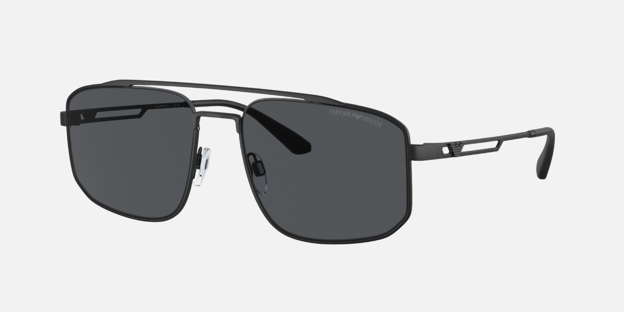 Emporio Armani EA 2139 300187 rectangular sunglasses for men in full rim metal, with matte black frame, and dark grey lenses. 57mm in lens size, 18mm in bridge size, and 145mm in temple length.