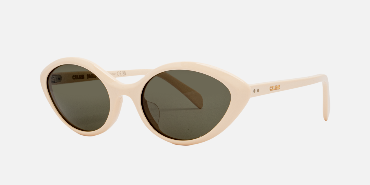 Celine CL40264U 25N cat-eye sunglasses for women in full rim acetate, with white cream frame, and grey green lenses. 57mm in lens size, 20mm in bridge size, and 140mm in temple length.