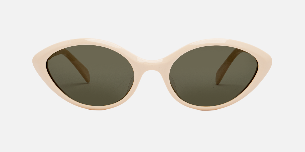 Celine CL40264U 25N cat-eye sunglasses for women in full rim acetate, with white cream frame, and grey green lenses. 57mm in lens size, 20mm in bridge size, and 140mm in temple length.