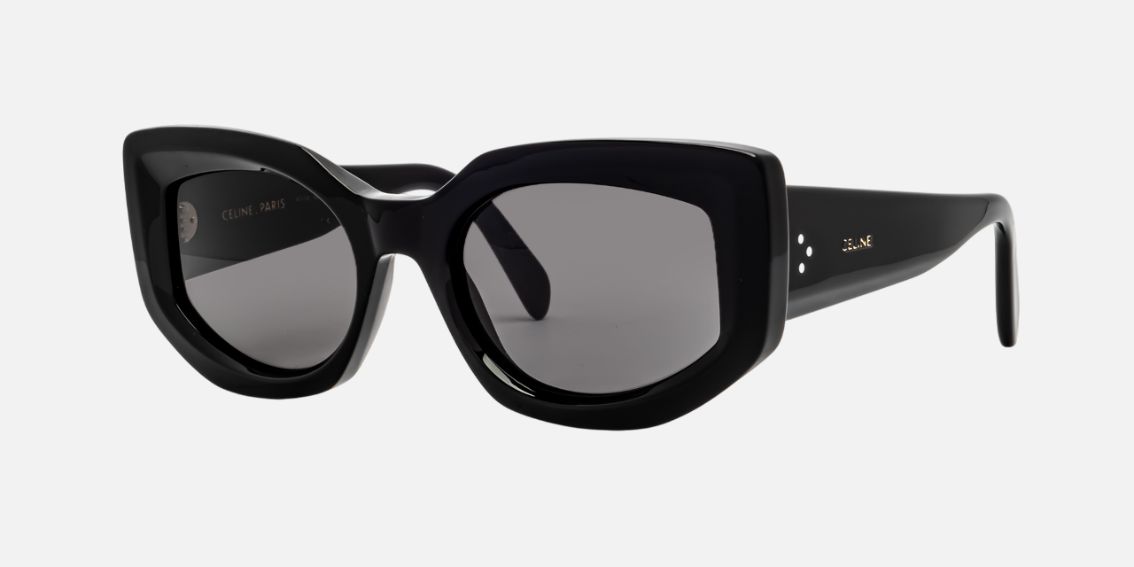 Celine Bold 3 Dots CL40277I 01A square sunglasses for women in full rim acetate, with shiny black frame, and grey lenses. 54mm in lens size, 20mm in bridge size, and 135mm in temple length.