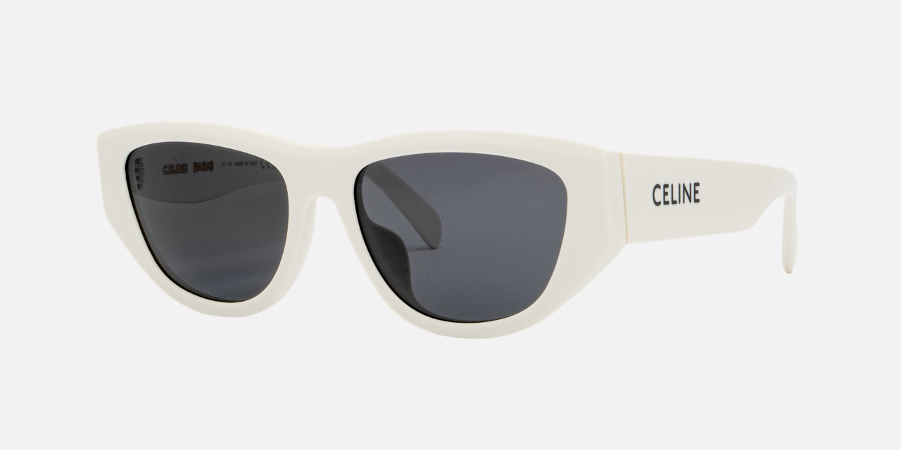 Celine Monochroms CL40278U 25A cat-eye sunglasses for women in full rim acetate, with ivory frame, and smoke lenses. 55mm in lens size, 17mm in bridge size, and 140mm in temple length.