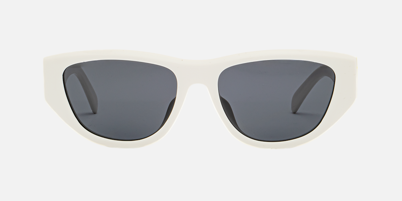 Celine Monochroms CL40278U 25A cat-eye sunglasses for women in full rim acetate, with ivory frame, and smoke lenses. 55mm in lens size, 17mm in bridge size, and 140mm in temple length.