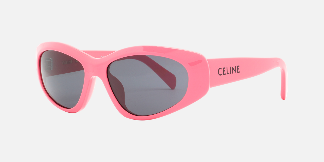 Celine CL40279U 72A rectangular sunglasses for women in full rim acetate, with pink frame, and grey lenses. 57mm in lens size, 13mm in bridge size, and 140mm in temple length.