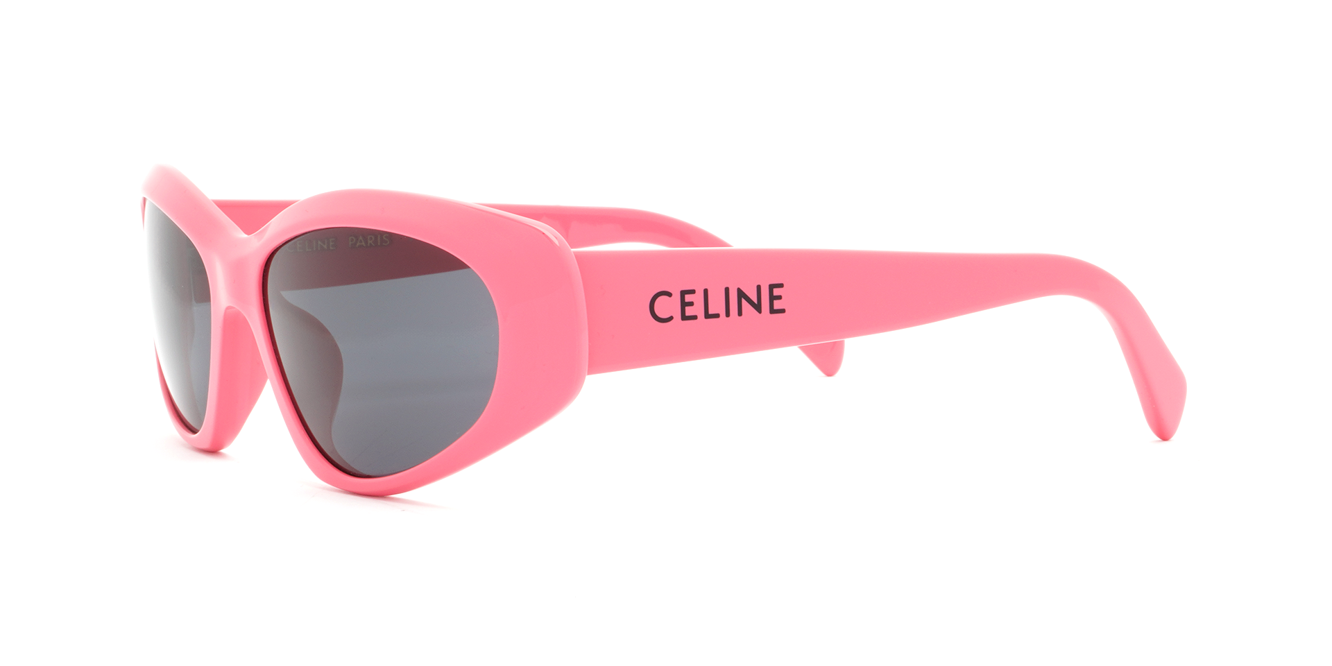Celine CL40279U 72A rectangular sunglasses for women in full rim acetate, with pink frame, and grey lenses. 57mm in lens size, 13mm in bridge size, and 140mm in temple length.