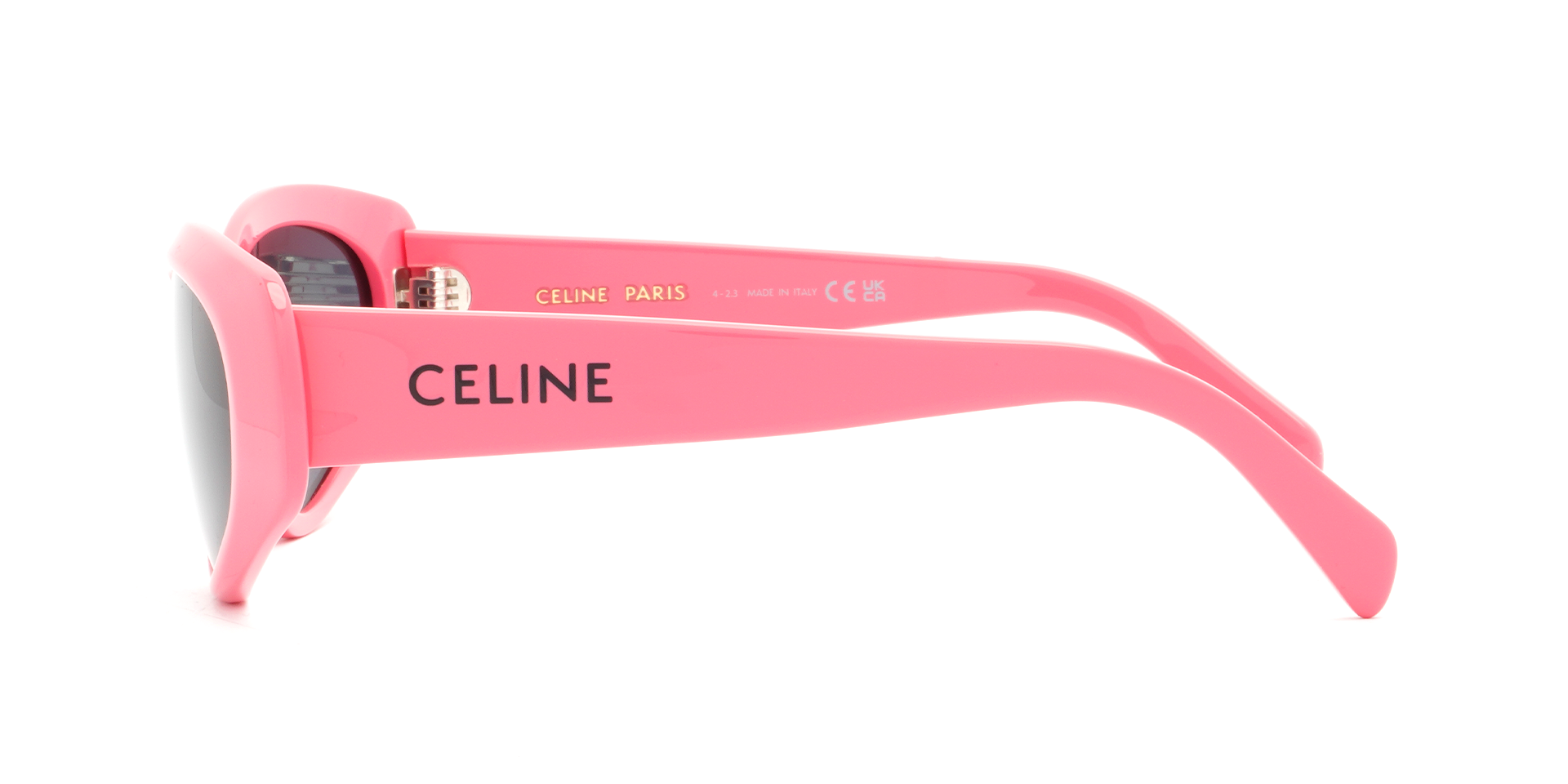 Celine CL40279U 72A rectangular sunglasses for women in full rim acetate, with pink frame, and grey lenses. 57mm in lens size, 13mm in bridge size, and 140mm in temple length.