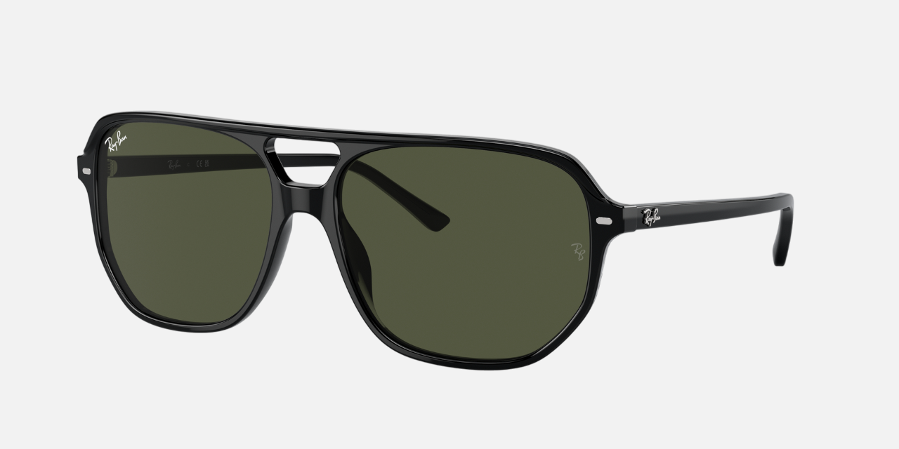 Ray-Ban Bill One RB2205 901/31 square sunglasses for unisex in full rim plastic, with black frame, and green lenses. 57mm in lens size, 16mm in bridge size, and 145mm in temple length.