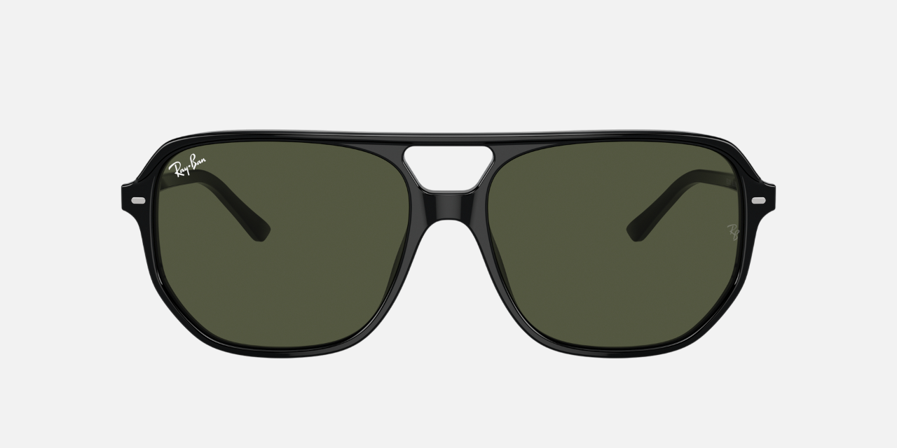 Ray-Ban Bill One RB2205 901/31 square sunglasses for unisex in full rim plastic, with black frame, and green lenses. 57mm in lens size, 16mm in bridge size, and 145mm in temple length.