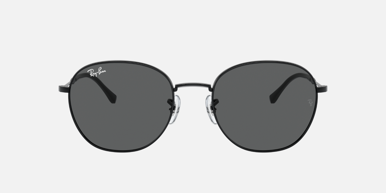 Ray-Ban RB3809 002/B1 round sunglasses for unisex in full rim metal, with black frame, and dark grey lenses. 55mm in lens size, 20mm in bridge size, and 145mm in temple length.