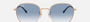 Ray-Ban RB3809 92623F round sunglasses for unisex in full rim metal, with rose gold frame, and light blue lenses. 53mm in lens size, 20mm in bridge size, and 145mm in temple length.