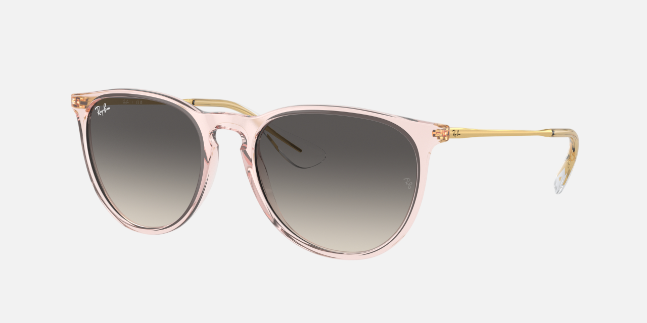Ray-Ban Erika Classic RB4171 674211 women's full rim round sunglasses in a transparent pink injected frame with grey lenses. Features a 54 mm lens size, 18 mm bridge size, and 145 mm temple length. Available in Dubai, UAE.