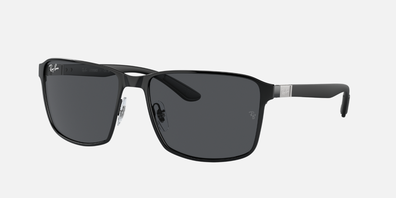 Ray-Ban RB3721 186/87 square sunglasses for unisex in full rim metal, with black on black frame, and dark grey lenses. 59mm in lens size, 17mm in bridge size, and 145mm in temple length.