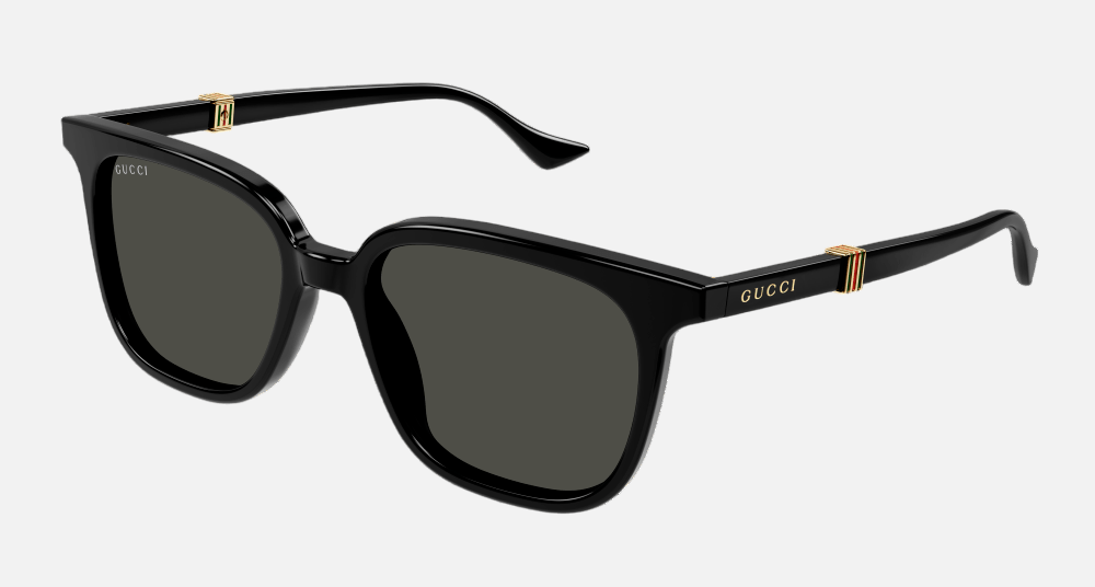 Gucci GG1493S 001 square sunglasses for men in full rim plastic, with black frame, and grey lenses. 54mm in lens size, 18mm in bridge size, and 145mm in temple length.