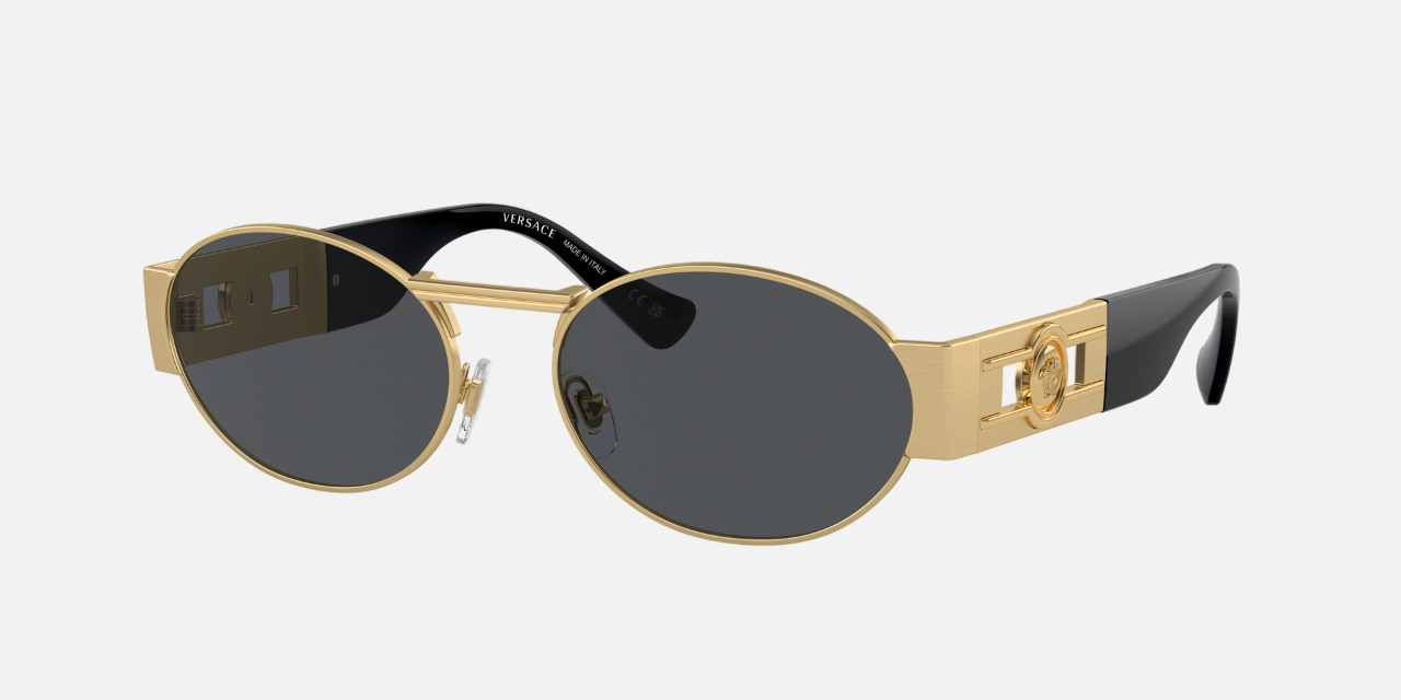 Versace VE2264 100287 oval sunglasses for unisex in full rim metal, with matte gold frame, and dark grey lenses. 56mm in lens size, 18mm in bridge size, and 140mm in temple length.