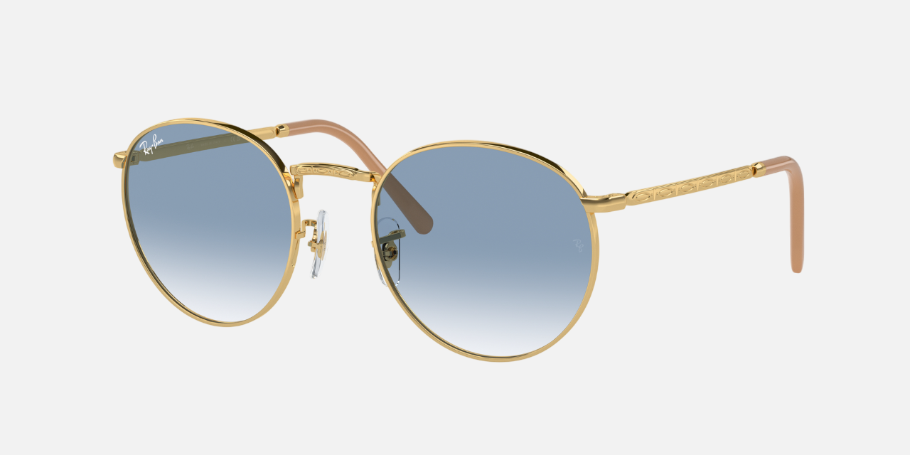 Ray-Ban New Round RB3637 001/3F unisex's full rim round sunglasses in a gold metal frame with blue lenses. Features a 50 mm lens size, 21 mm bridge size, and 140 mm temple length. Available in Dubai, UAE.