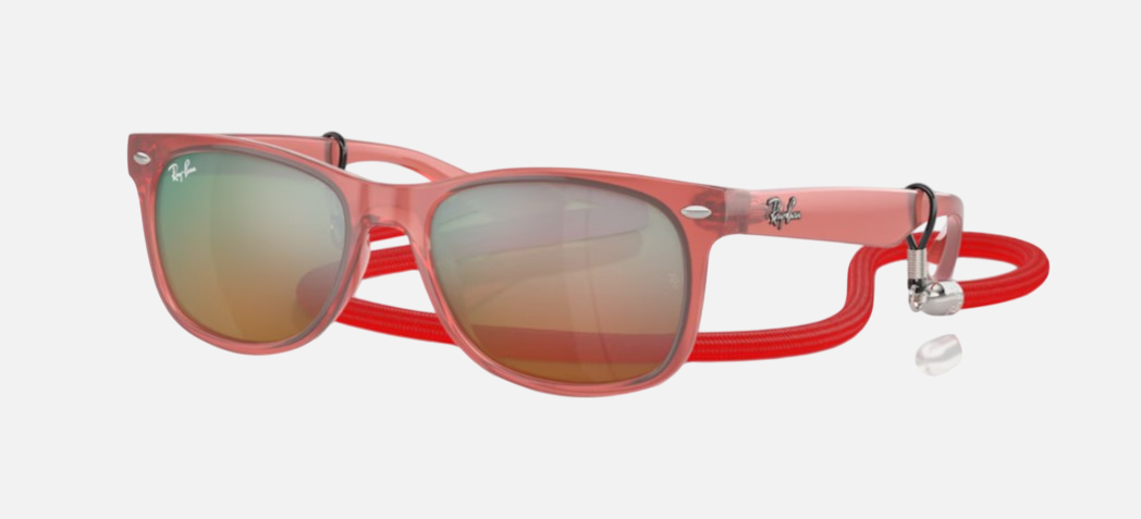 Ray-Ban Junior New Wayfarer Kids RJ9052S 7145A8 square sunglasses for kids in full rim injected, with polished opal red frame, and orange lenses. 47mm in lens size, 15mm in bridge size, and 125mm in temple length.