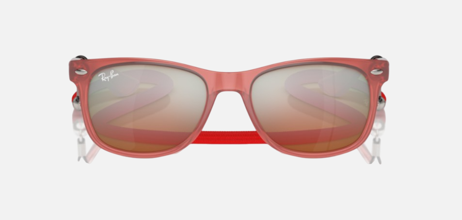 Ray-Ban Junior New Wayfarer Kids RJ9052S 7145A8 square sunglasses for kids in full rim injected, with polished opal red frame, and orange lenses. 47mm in lens size, 15mm in bridge size, and 125mm in temple length.