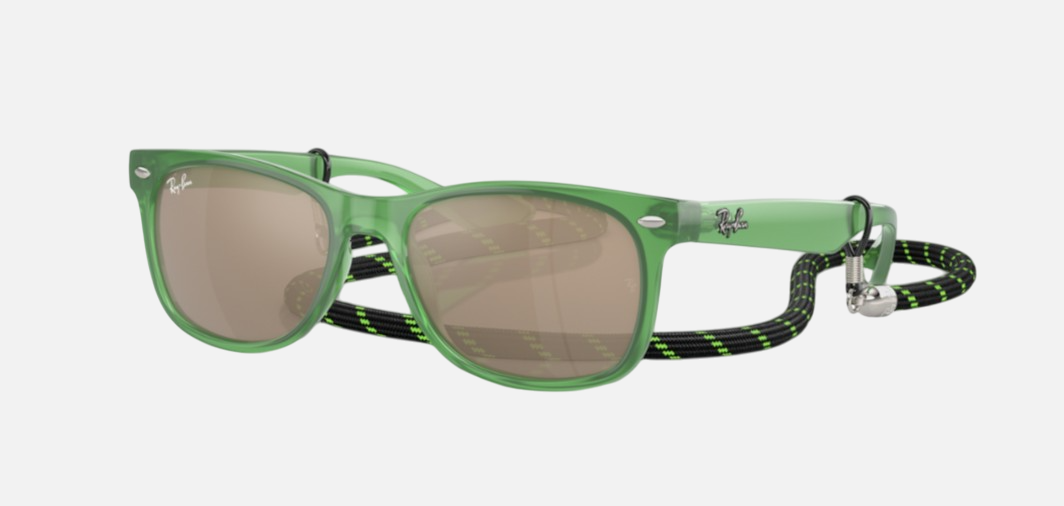 Ray-Ban Junior New Wayfarer Kids RJ9052S 71465A kids's full rim square sunglasses in a polished opal green injected frame with dark gold lenses. Features a 47 mm lens size, 15 mm bridge size, and 125 mm temple length. Available in Dubai, UAE.