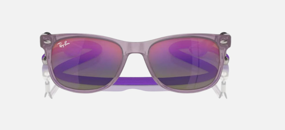 Ray-Ban Junior New Wayfarer Kids RJ9052S 7147B1 square sunglasses for kids in full rim injected, with polished opal purple frame, and blue & violet lenses. 47mm in lens size, 15mm in bridge size, and 125mm in temple length.