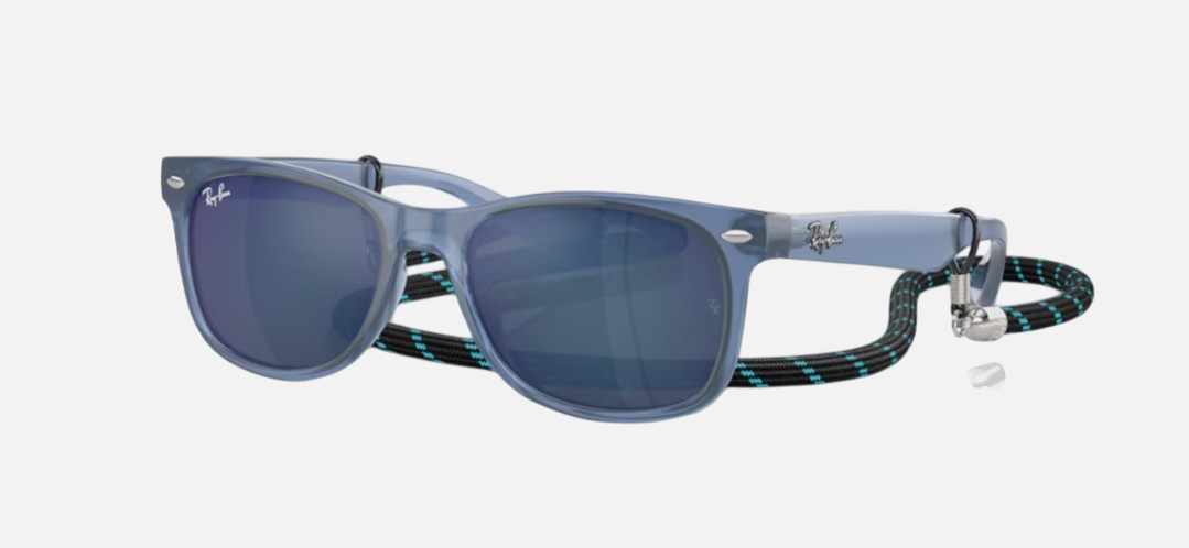Ray-Ban Junior New Wayfarer Kids RJ9052S 714855 square sunglasses for kids in full rim injected, with polished opal blue frame, and blue lenses. 47mm in lens size, 15mm in bridge size, and 125mm in temple length.