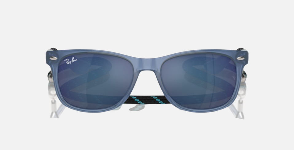Ray-Ban Junior New Wayfarer Kids RJ9052S 714855 square sunglasses for kids in full rim injected, with polished opal blue frame, and blue lenses. 47mm in lens size, 15mm in bridge size, and 125mm in temple length.