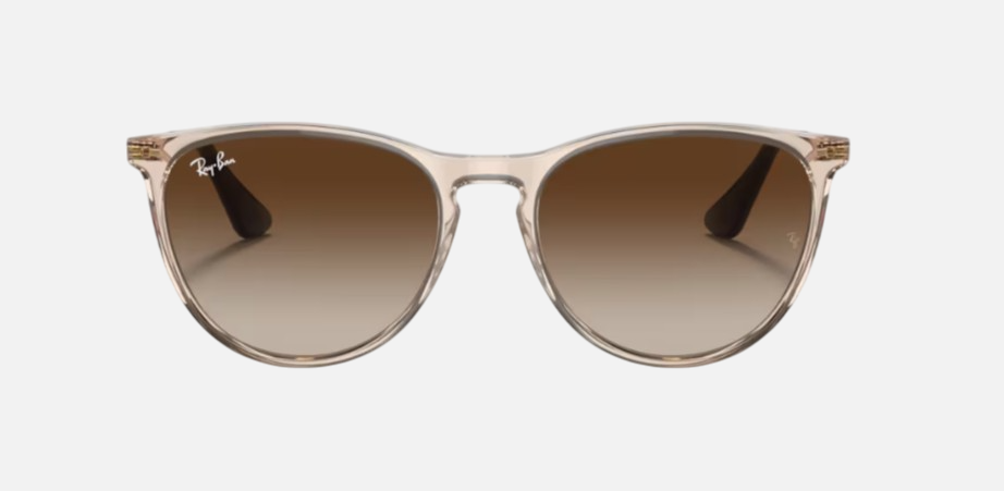Ray-Ban Junior Erika Kids RJ9060S 710813 kids's full rim phantos sunglasses in a transparent light brown injected frame with gradient brown lenses. Features a 50 mm lens size, 15 mm bridge size, and 130 mm temple length. Available in Dubai, UAE.
